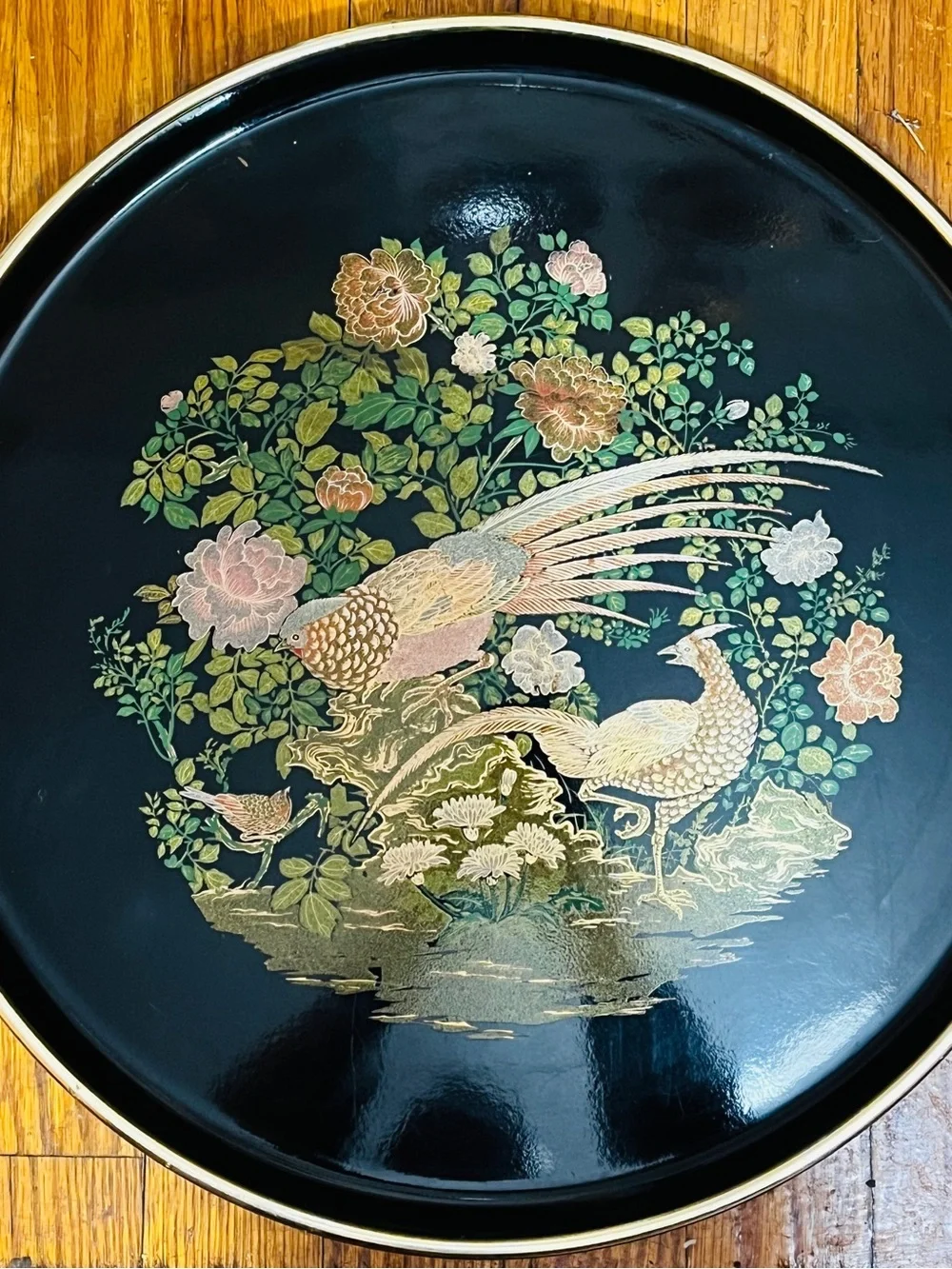 Vintage Japanese Black Lacquer Serving Tray – Peacock & Floral Design – 14” – Ma